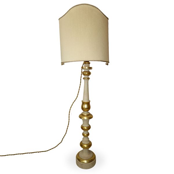 White and gold lacquered candlestick with fan lampshade