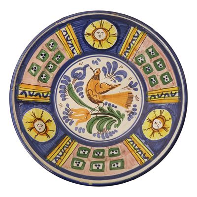 Piatto in Maiolica Policroma Dipinta con Raffigurazione di un Uccello al Centro