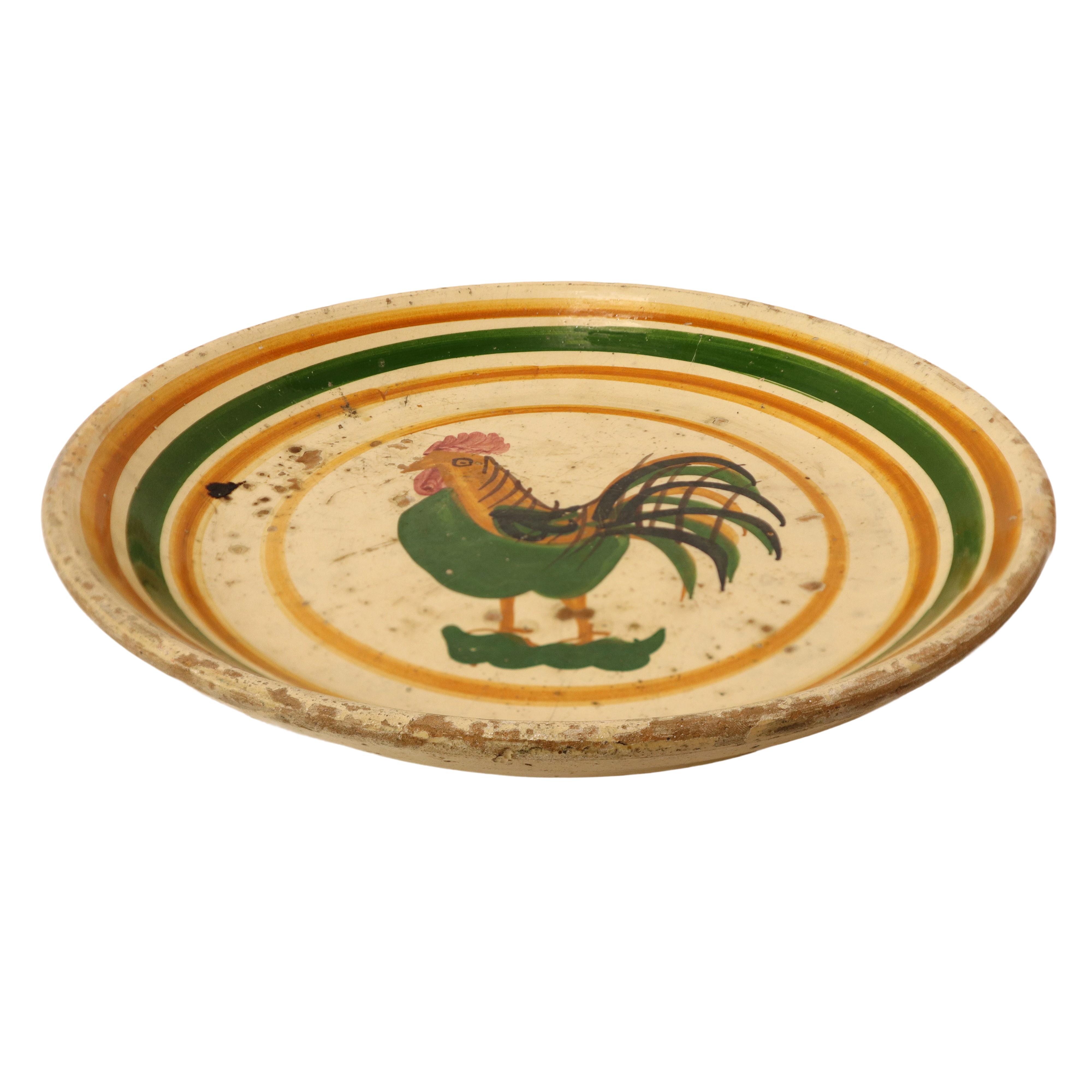 Piatto in maiolica policroma di Caltagirone con raffigurazione di gallo al centro