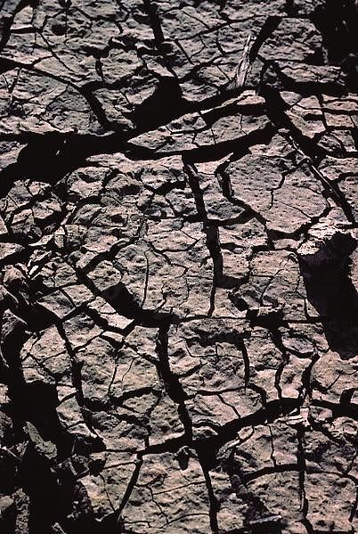 Collection (EM), titled "Scars", 2000. slide, 1/8 30x45, cibachrome slide by direct printing, 40x55 forex 10mm, Contouring white, cardboard, edges volcanic sand coating, Sicily: cracks in the dry land (detail)