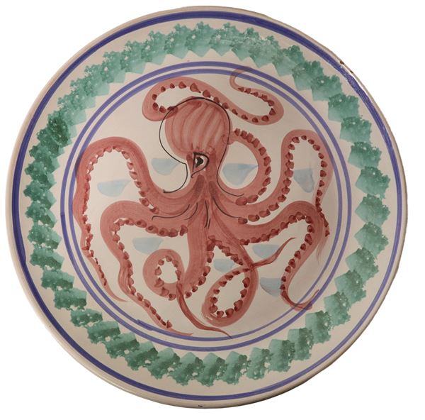 Grande piatto decorativo in ceramica di Caltagirone raffigurante polipo