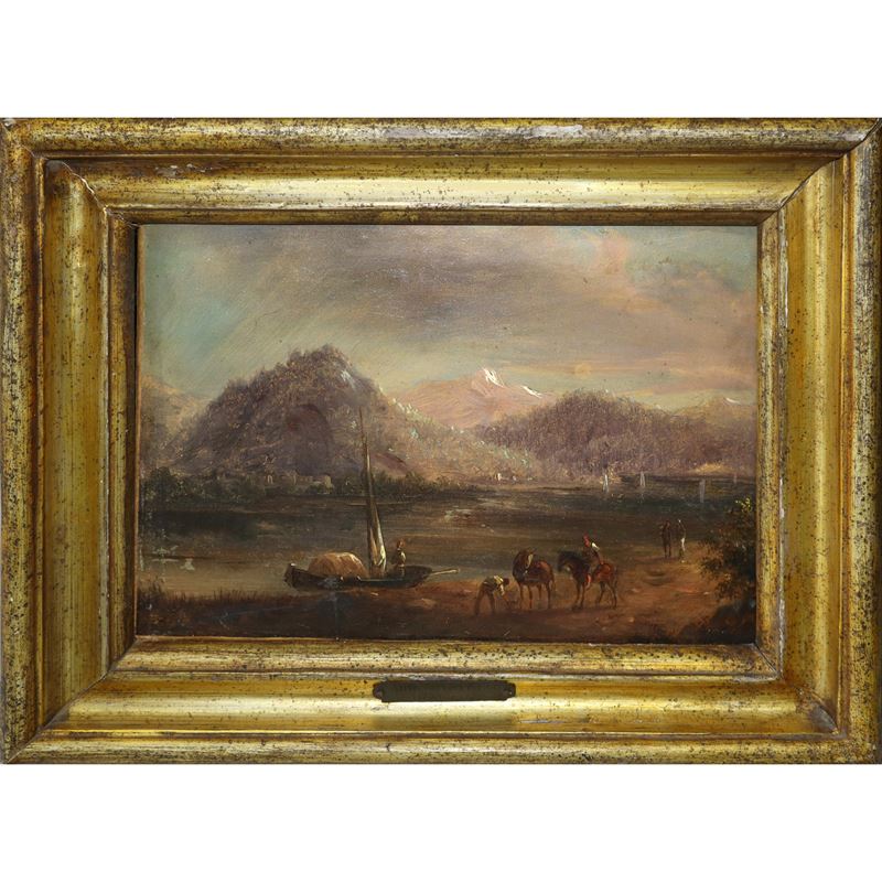 Antonie Van Sminck Pitloo - Paesaggio con Barche e Personaggi con Cavalli