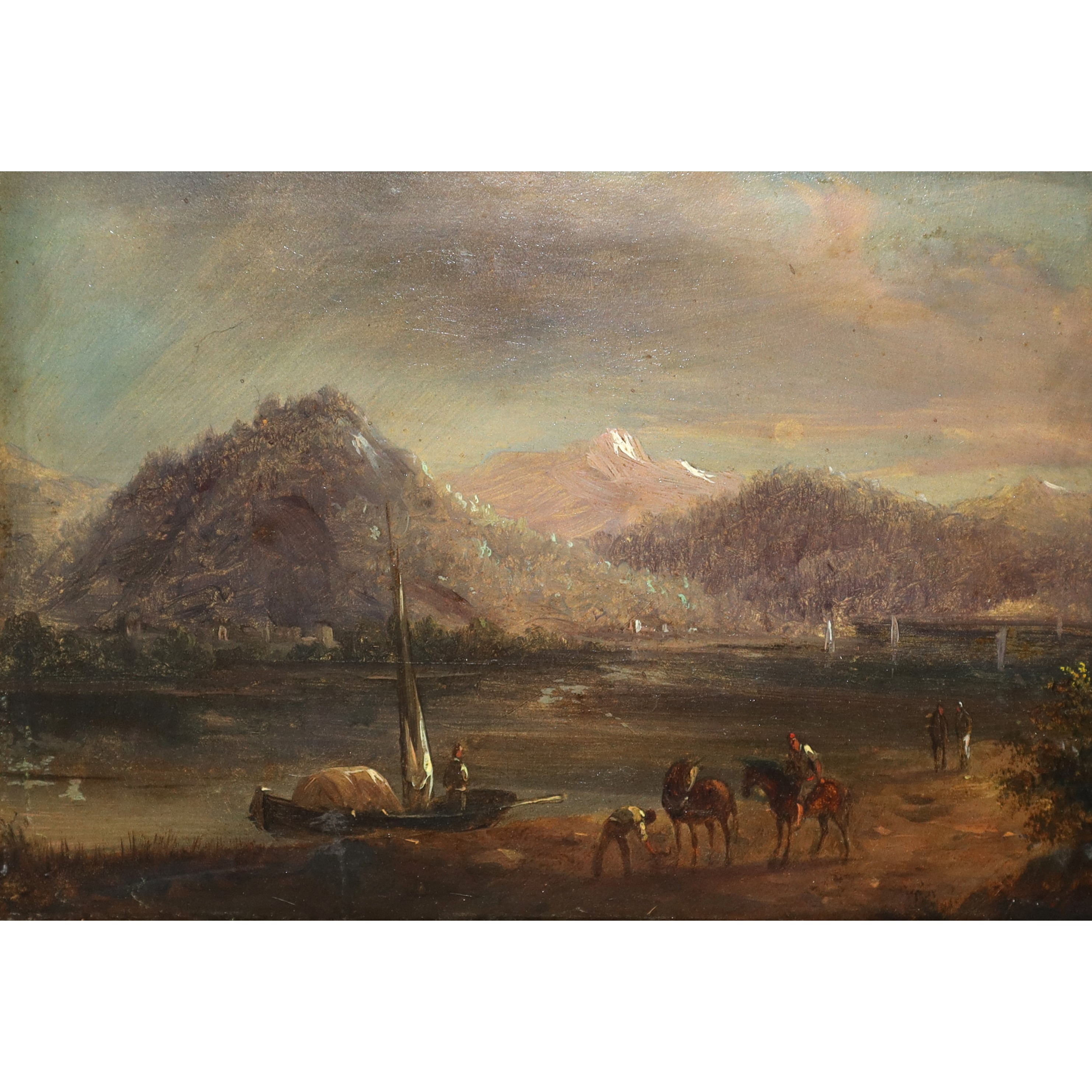 Paesaggio con barche e personaggi con cavalli