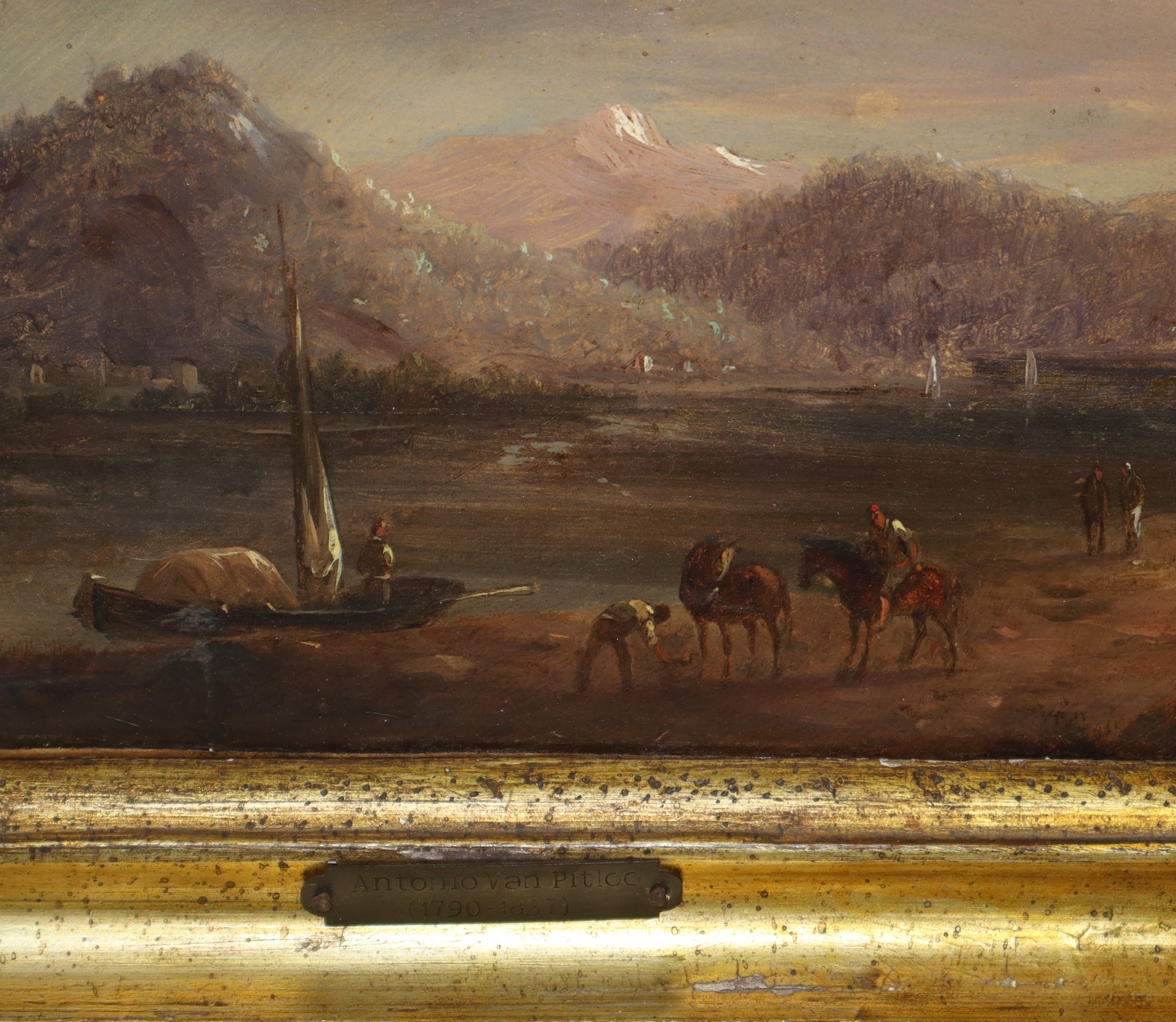 Paesaggio con barche e personaggi con cavalli