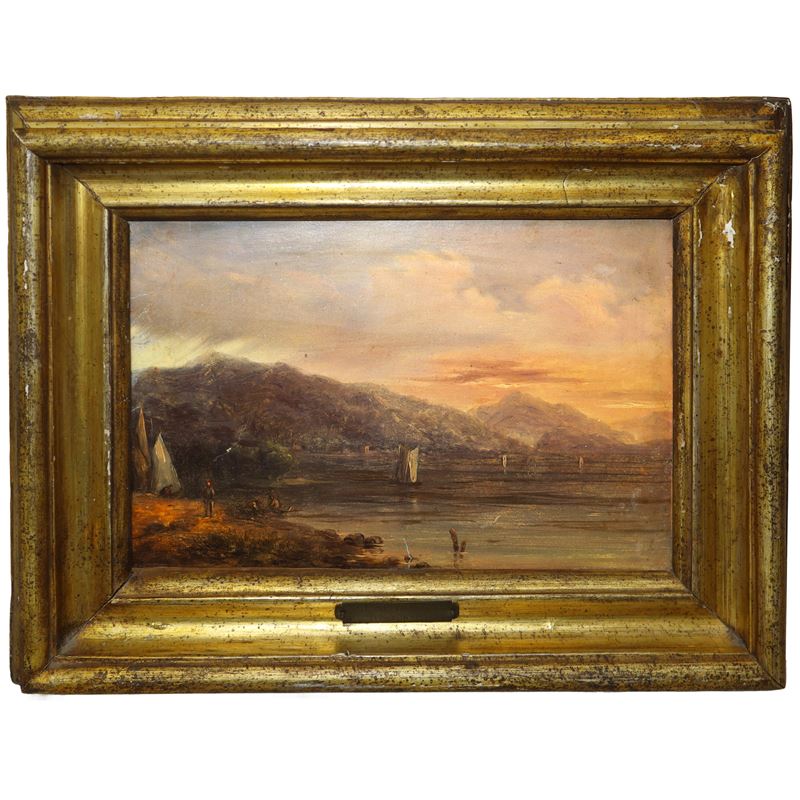 Paesaggio marino con barche e personaggi