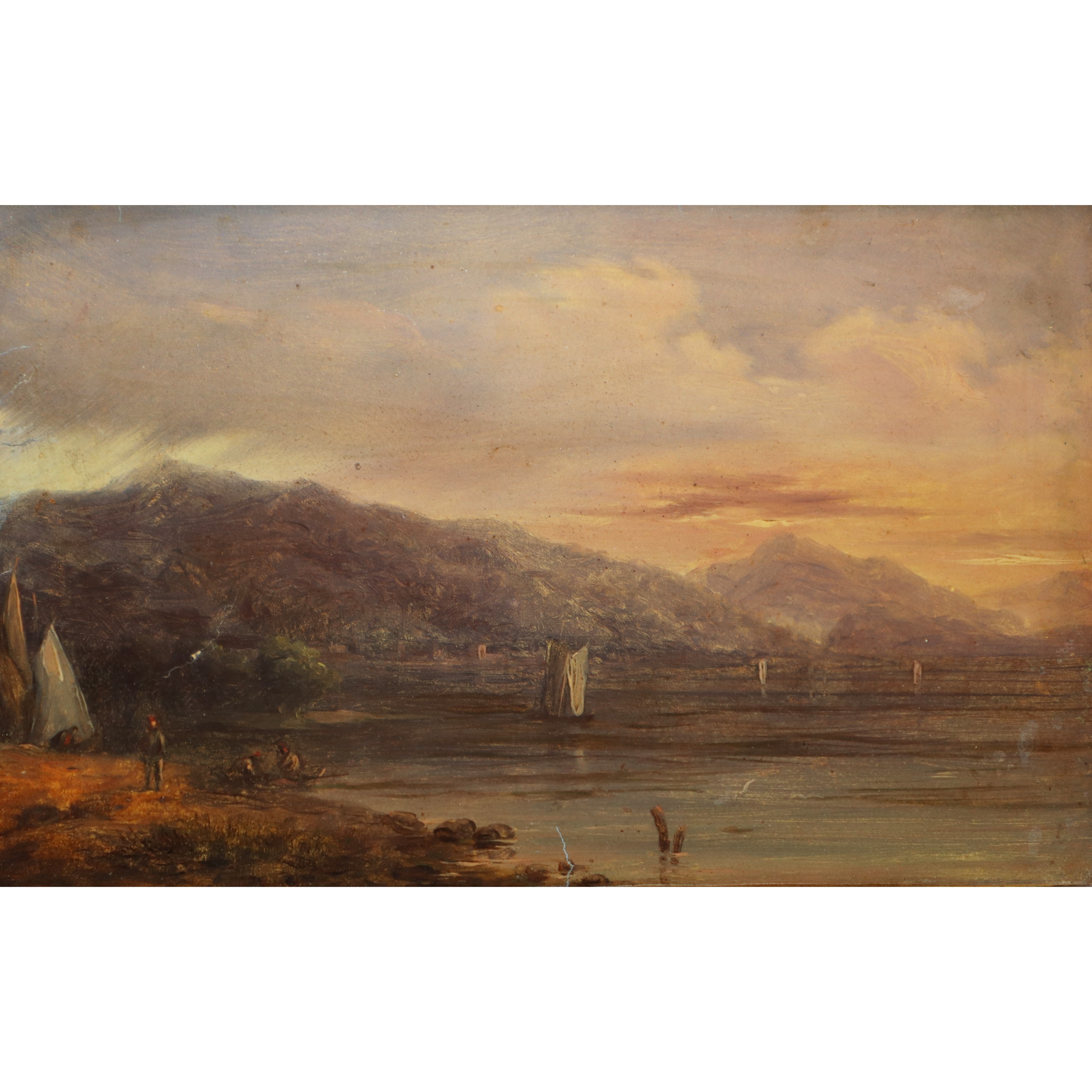 Paesaggio marino con barche e personaggi