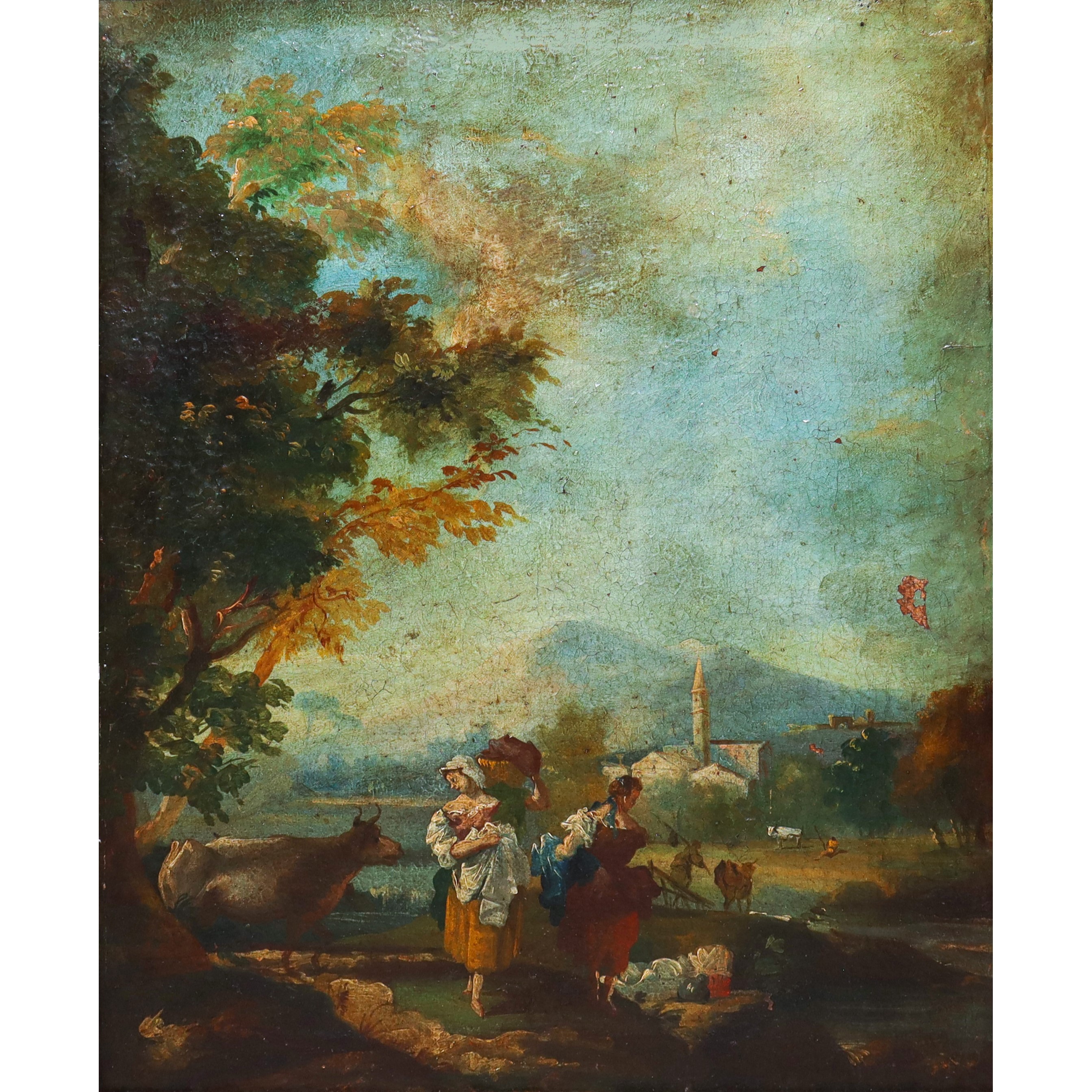 Paesaggio agreste con personaggi intenti nei lavori quotidiani