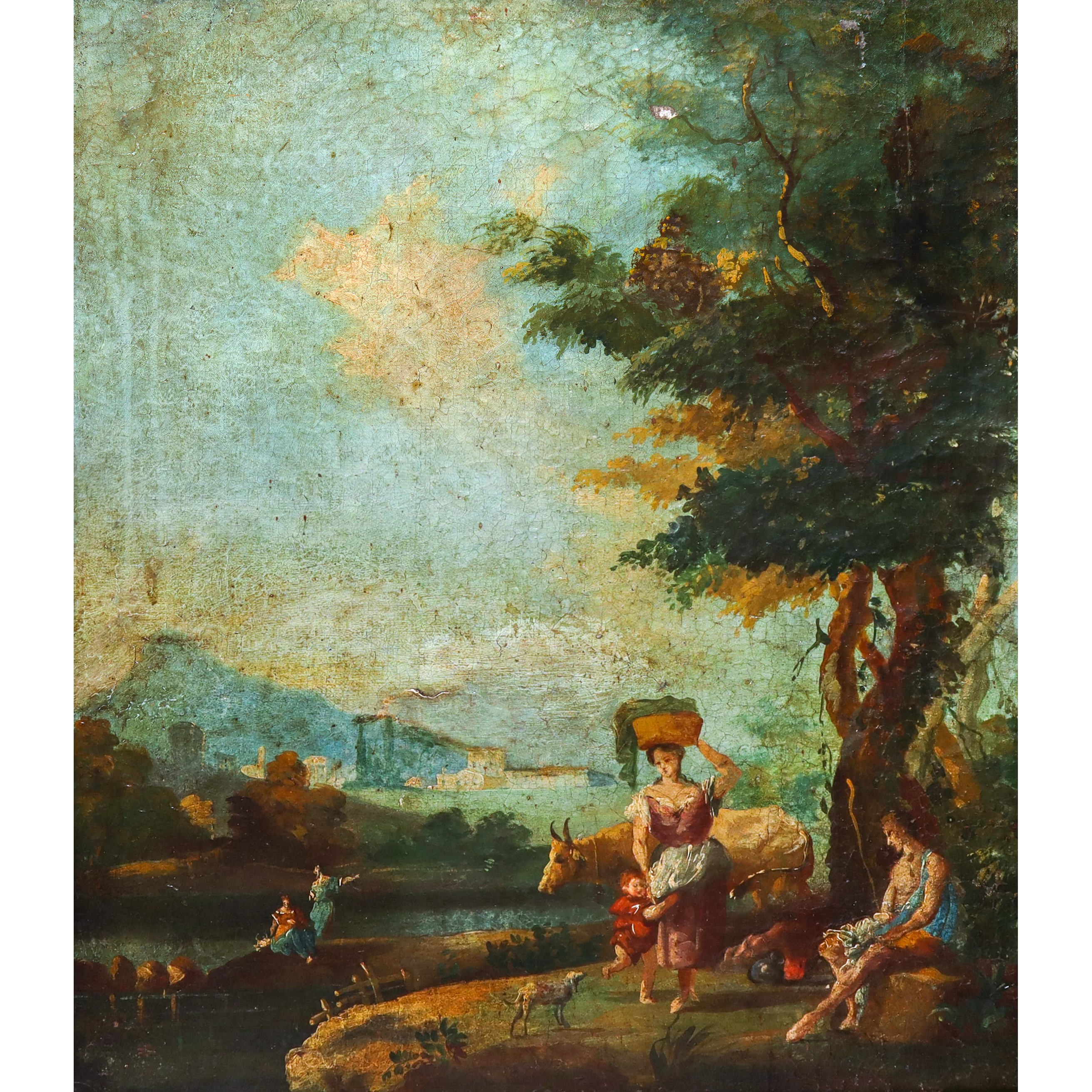 Paesaggio agreste con personaggi intenti nei lavori quotidiani