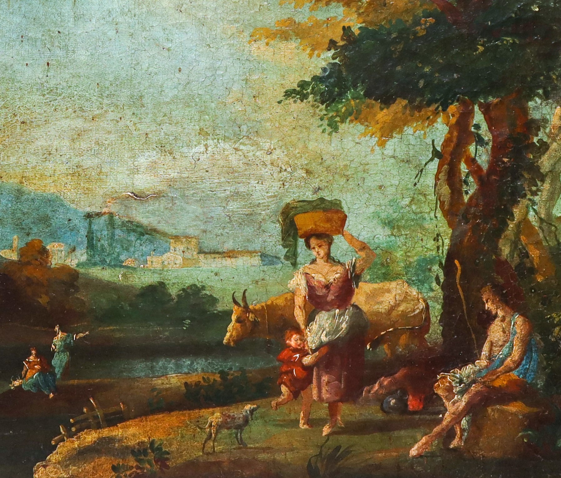 Paesaggio agreste con personaggi intenti nei lavori quotidiani