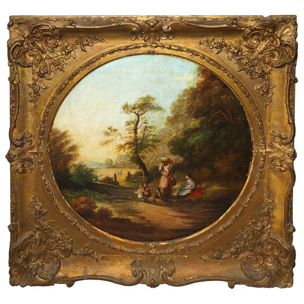 Country landscape with people busy harvesting wheat 