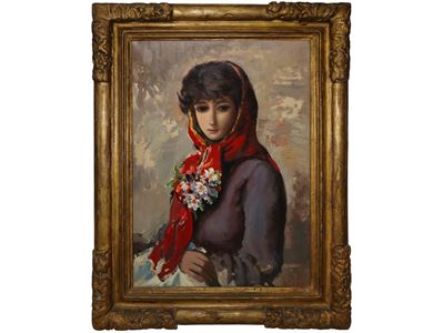 Ritratto di Donna con Foulard e Fiori