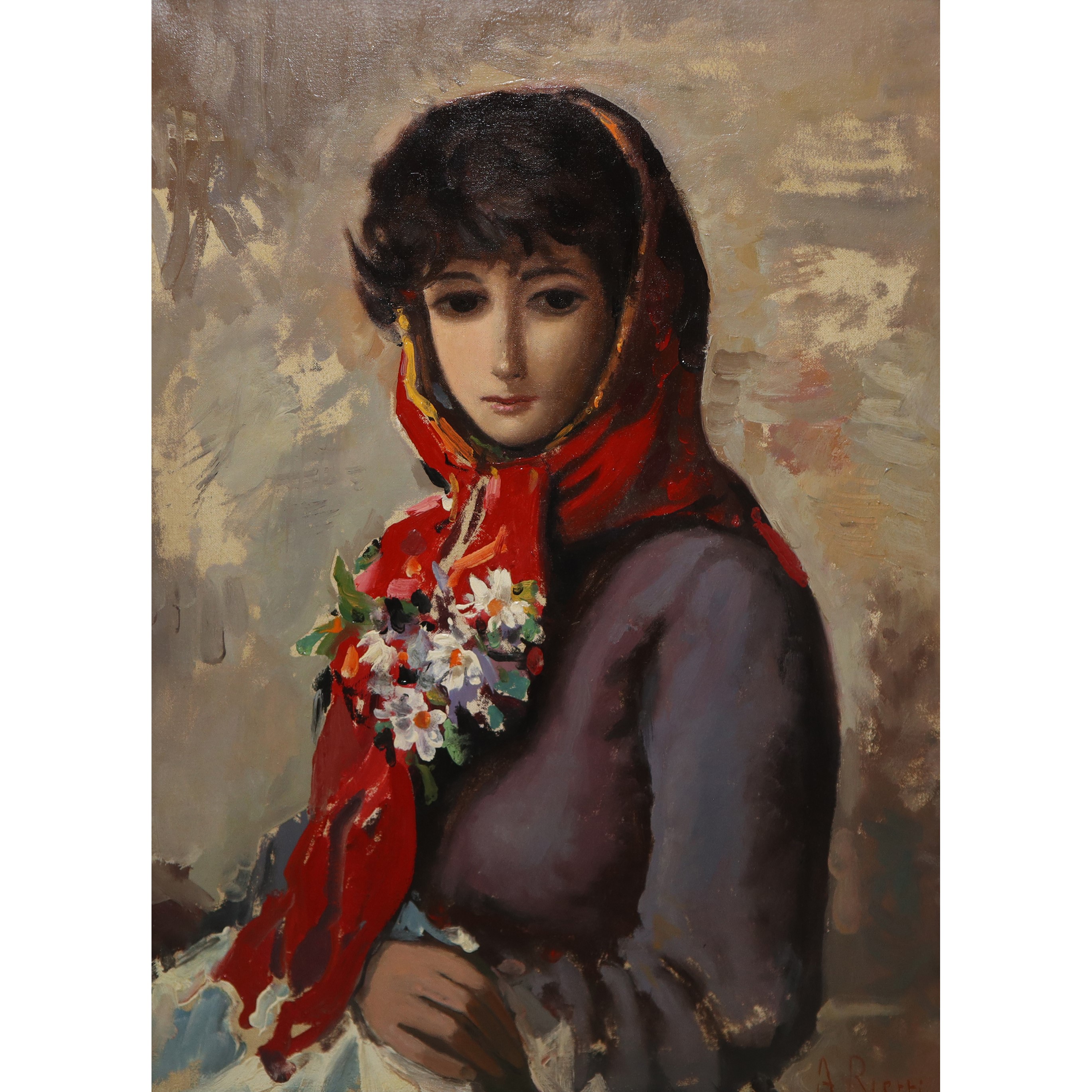 Charles-caïus Renoux - Ritratto di Donna con Foulard e Fiori