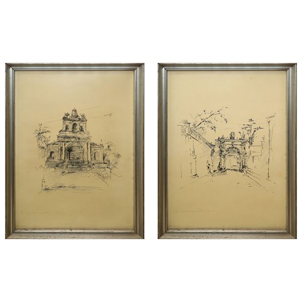 Nunzio Sciavarrello - Pair of prints: Prospect of Sant&#39;Agata al carcere Catania and Portal of Villa Cerami Catania