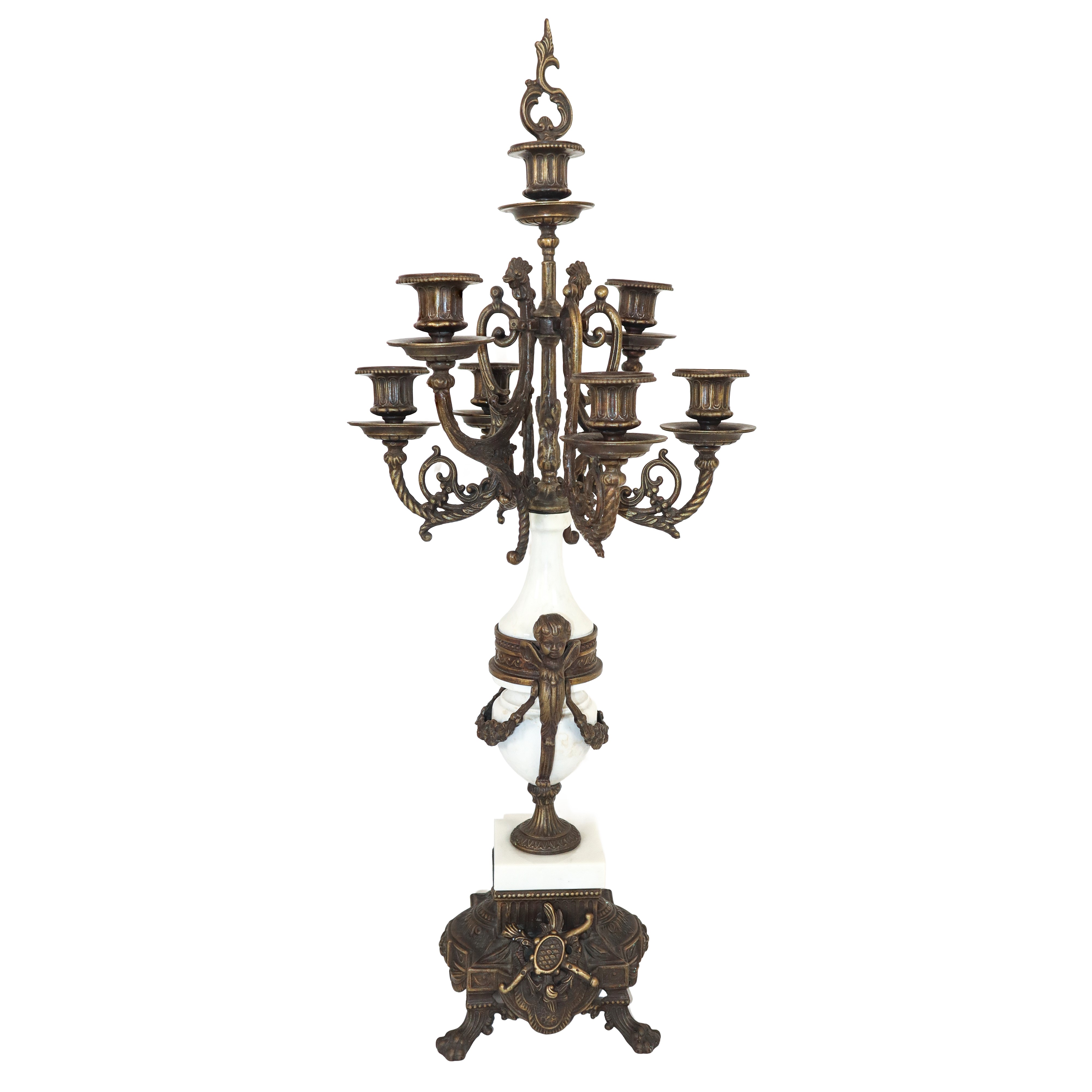 Trittico in bronzo patinato oro e marmo con orologio e candelieri Napoleone III, XIX secolo