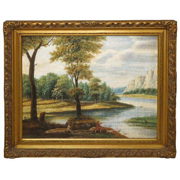 River landscape with hunters at the post