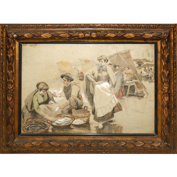Cesare  Laurenti - Market scene: fishmonger with customers