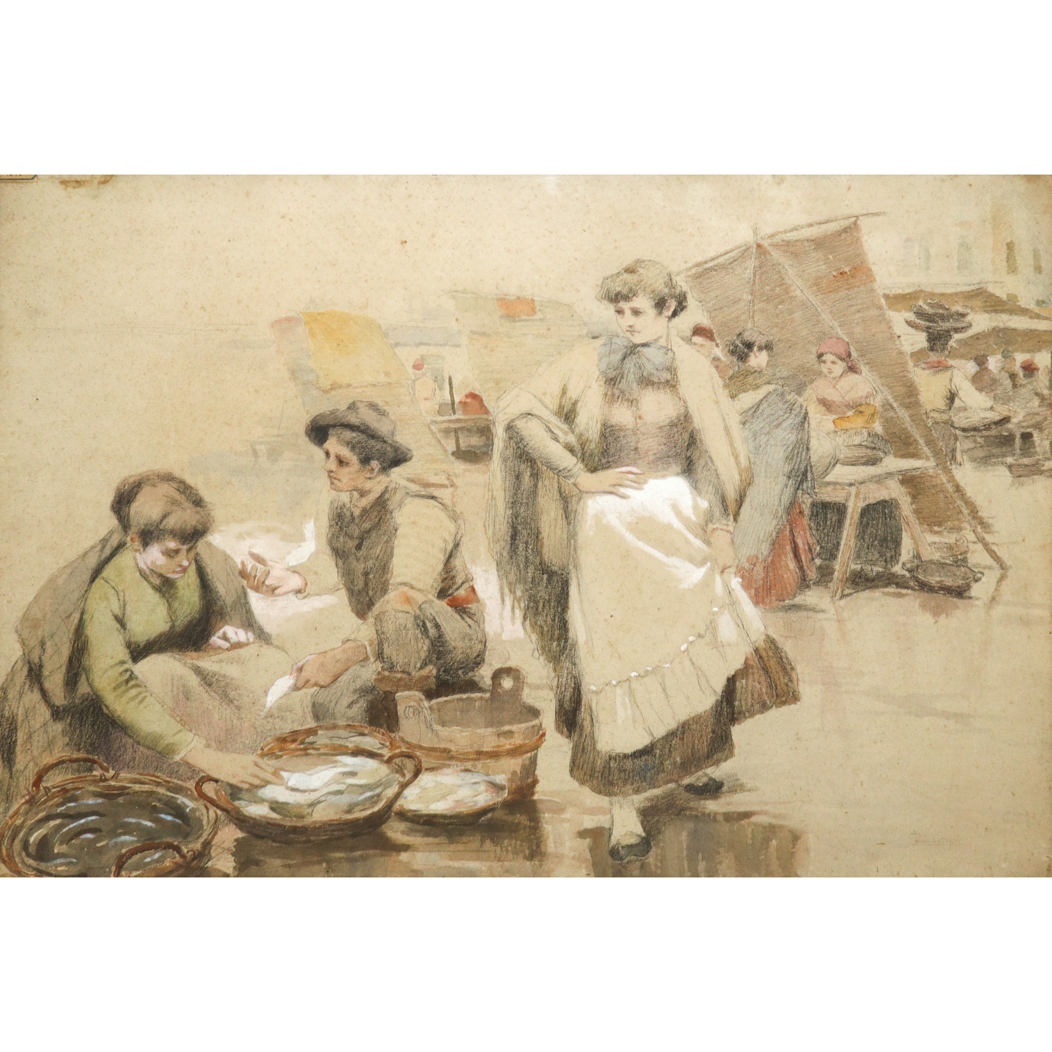 Scena di mercato: pescivendolo con clienti