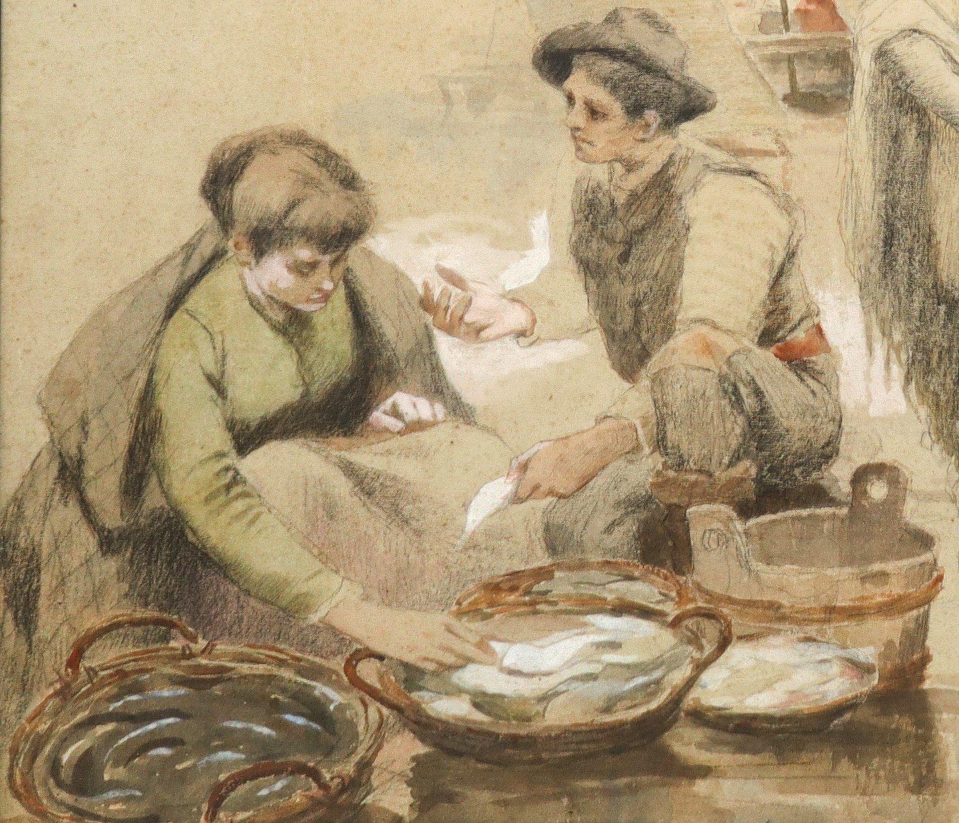 Scena di mercato: pescivendolo con clienti