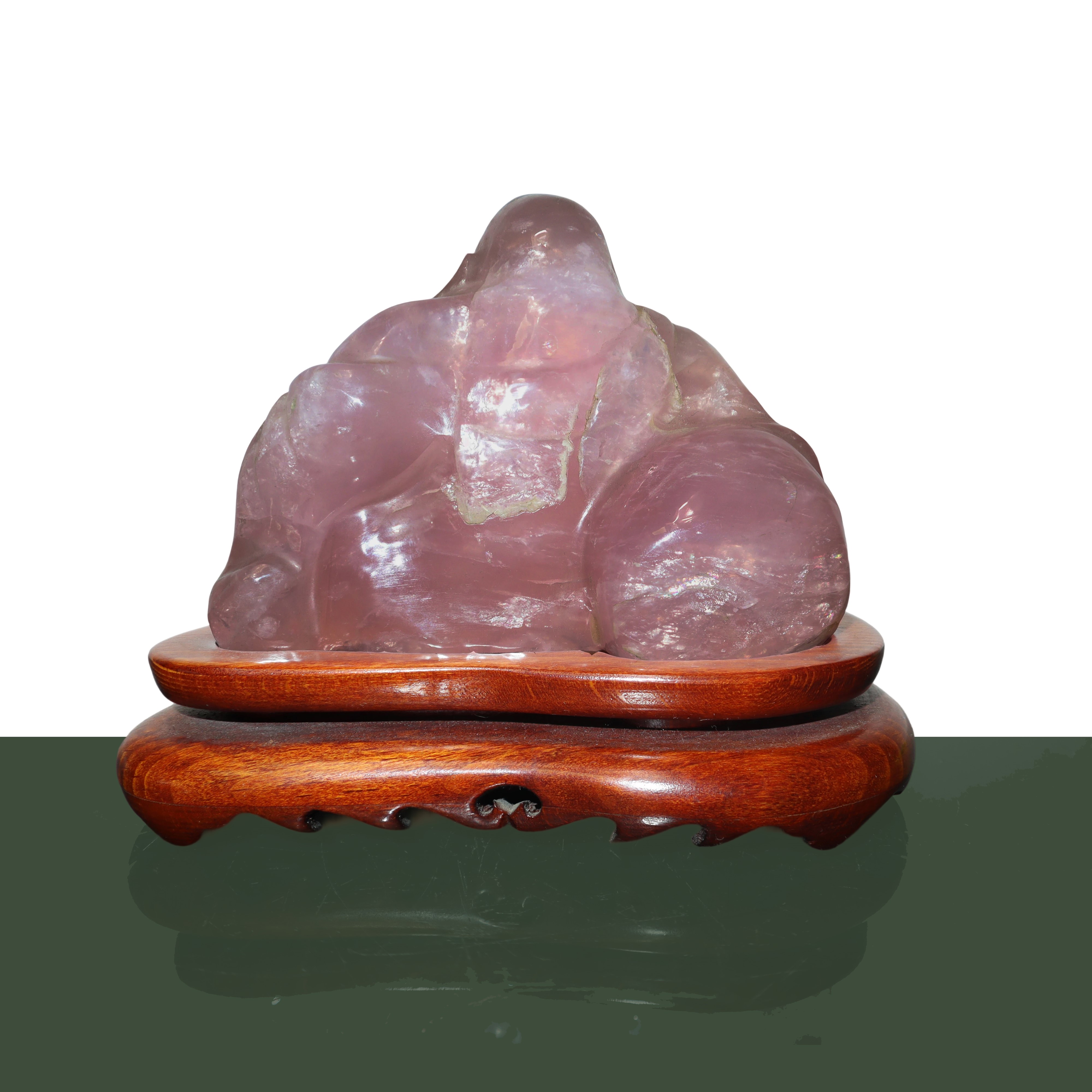 Buddha in quarzo rosa con base in legno