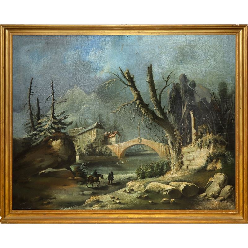 Paesaggio con ponte e personaggi