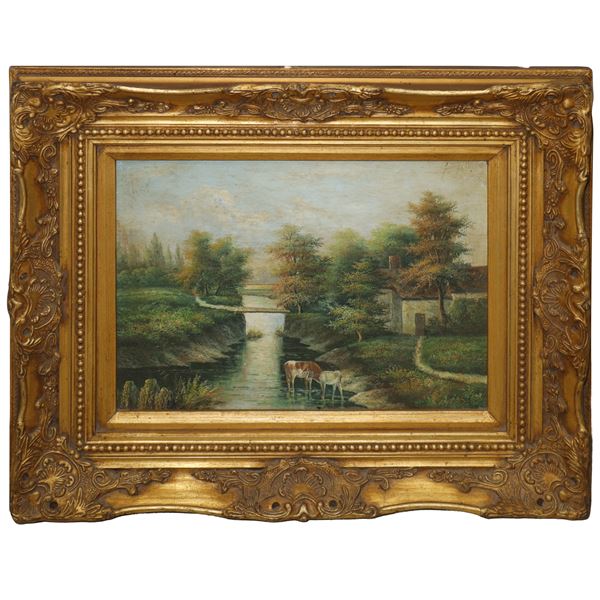 River landscape with oxen
