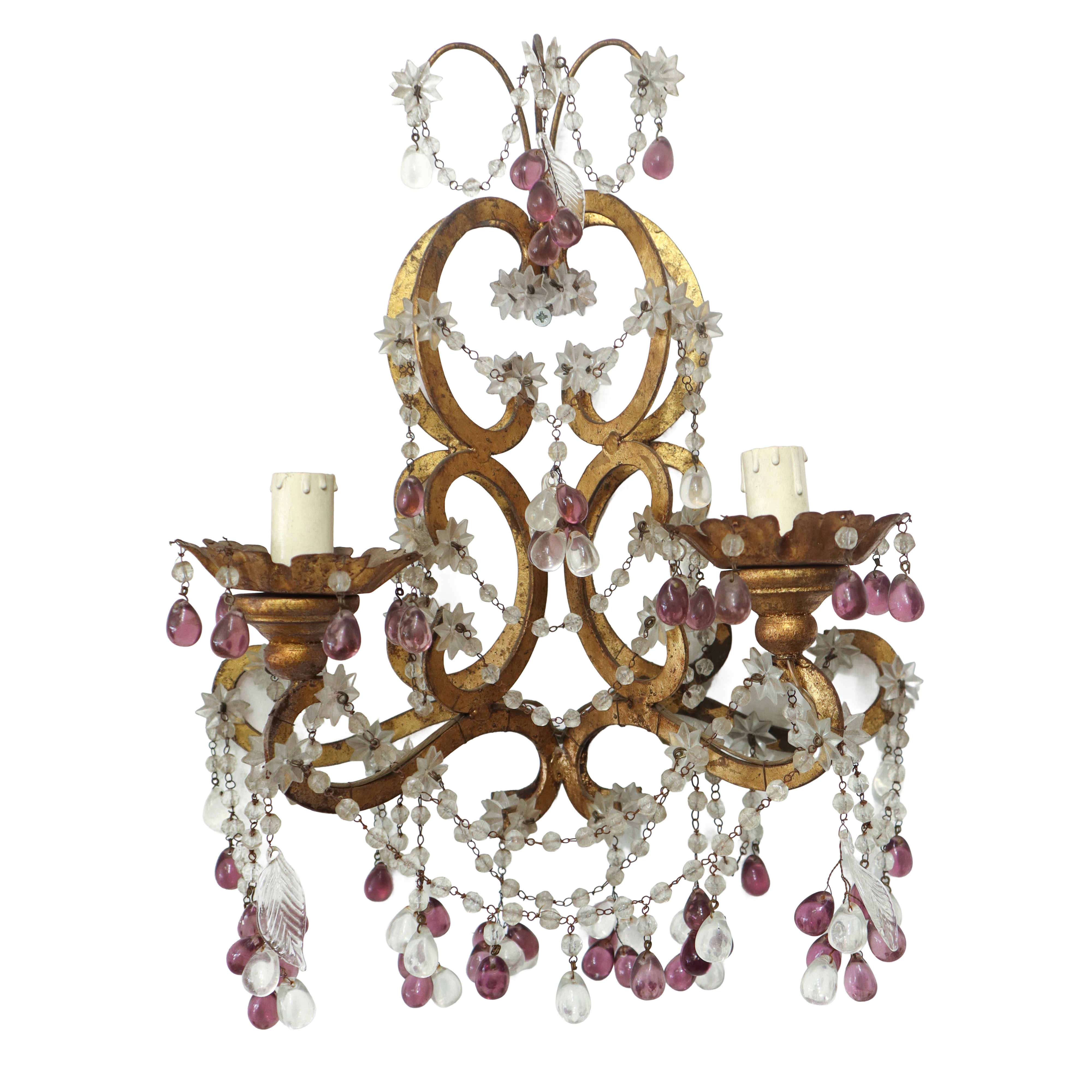 Applique in metallo dorato con brindoli in vetro a sfere e fiori bianchi e ametista a due luci