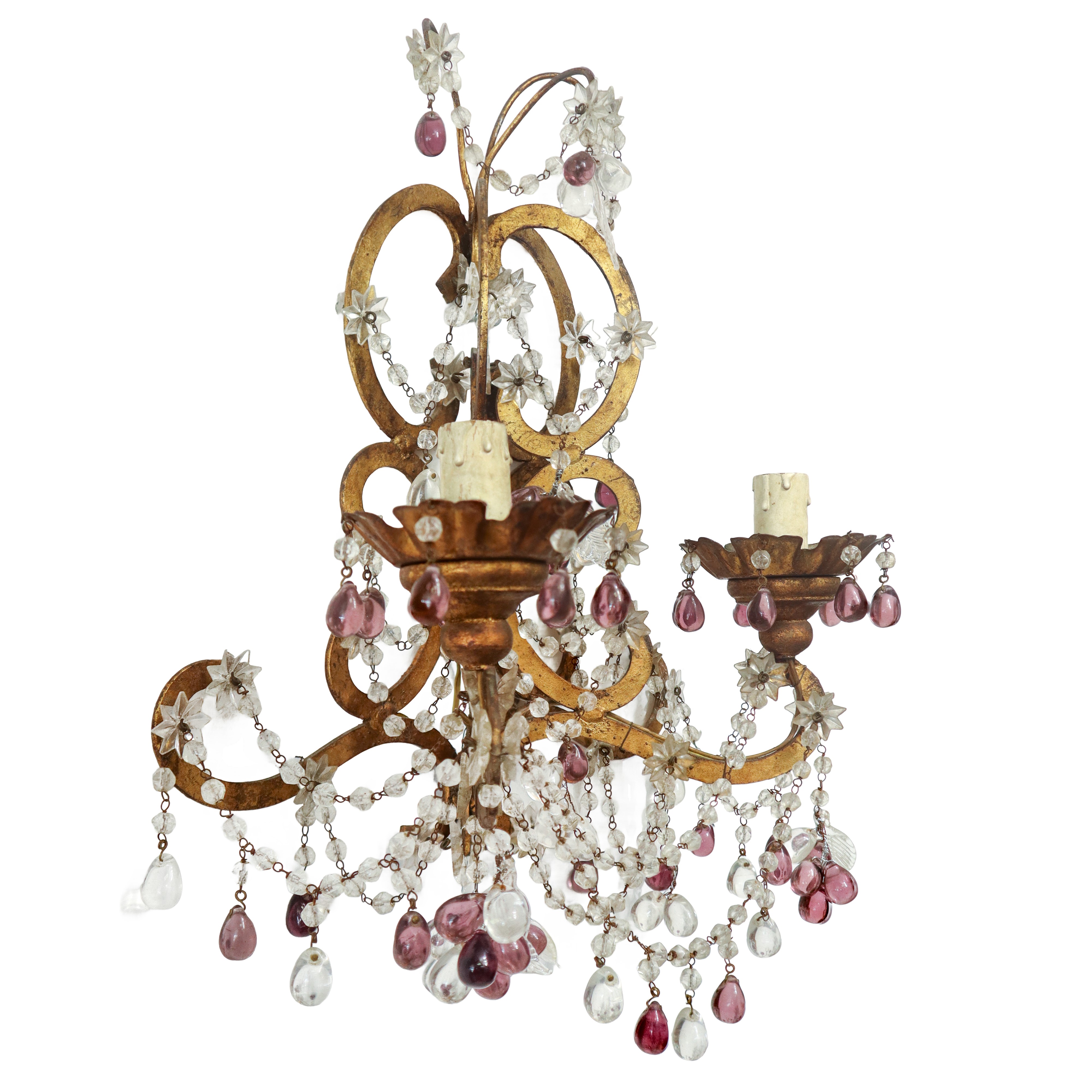 Applique in metallo dorato con brindoli in vetro a sfere e fiori bianchi e ametista a due luci