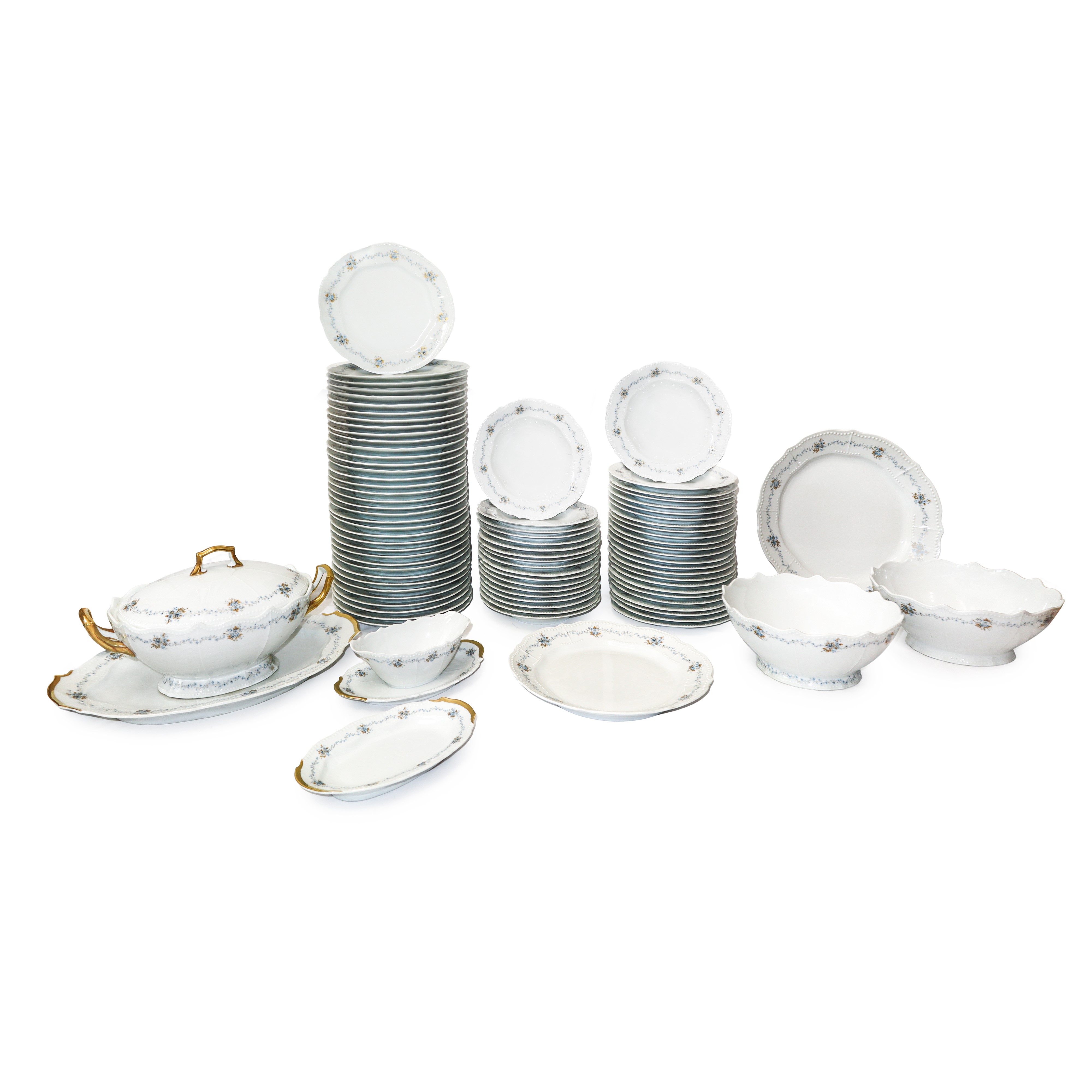 Servizio di piatti e caffè in porcellana Limoges bianco a motivi floreali smaltati in oro