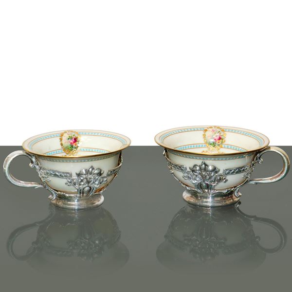 Tiffany&amp;Co  Lenox - Tête-à-tête Tiffany&co con base in argento sterling e tazza in porcellana con decori floreali cinti da dorature