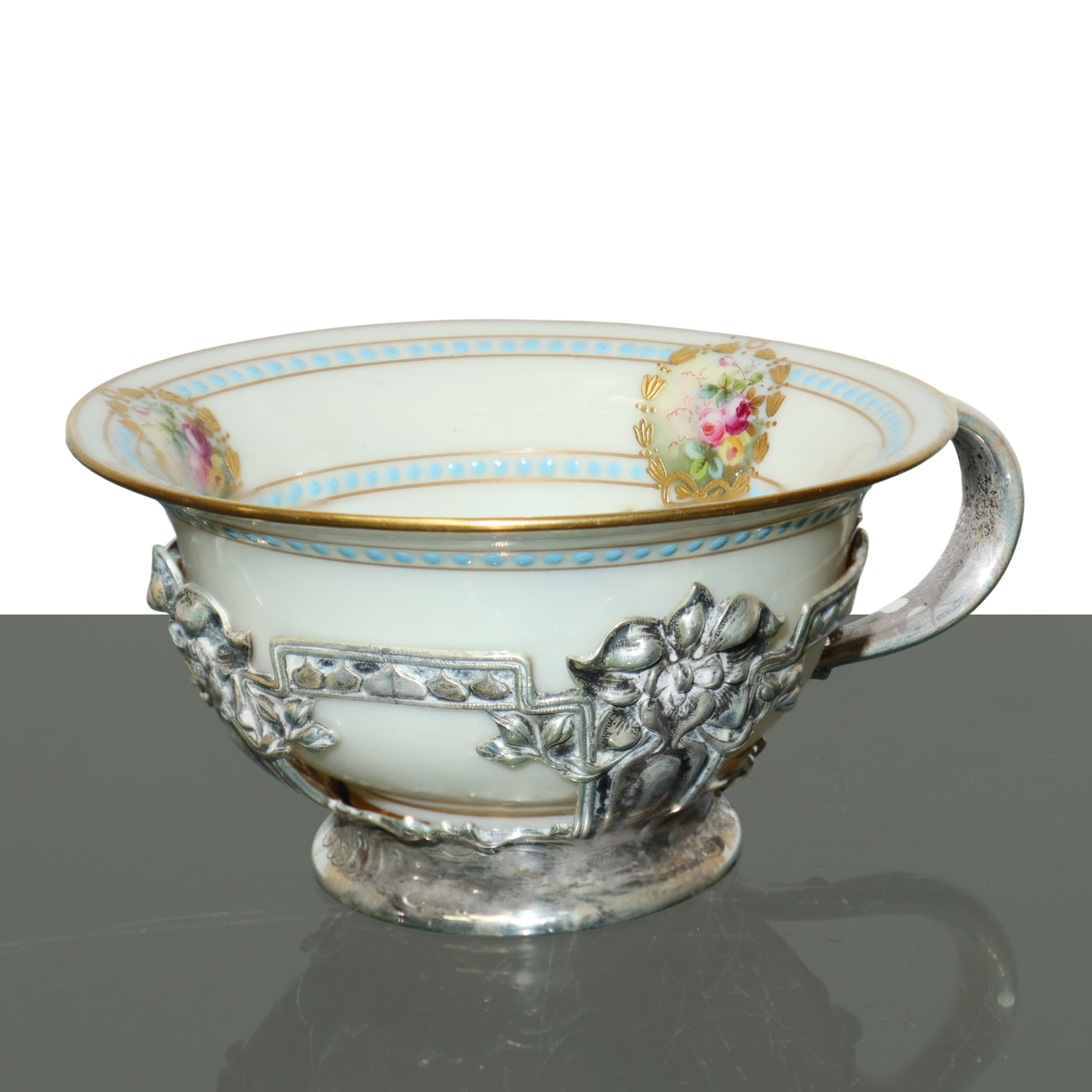 Tête-à-tête Tiffany&co con base in argento sterling e tazza in porcellana con decori floreali cin...