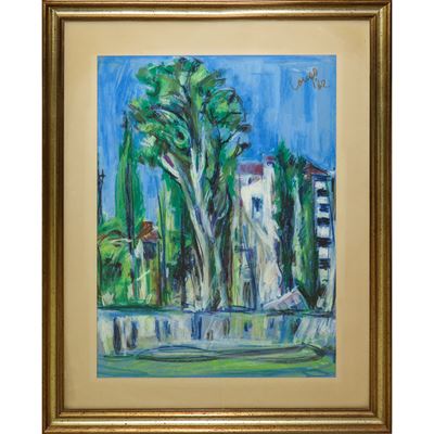 Paesaggio con palazzi e alberi
