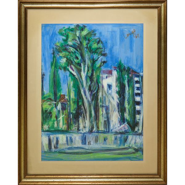 Gaetano  Longo - Paesaggio con palazzi e alberi