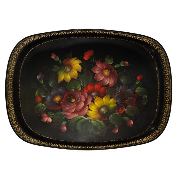 Black tray hand painted with floral motifs