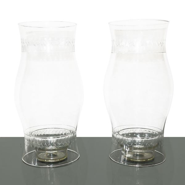 Pair of carved and engraved glass lamps