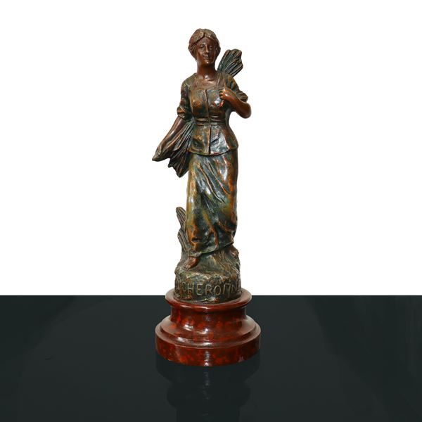 &#39;&#39;Bucheronne&quot; (woodcutter), brown patinated metal statue 