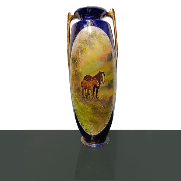 Vaso blu in porcellana inglese con medaglione centrale con cavalli
