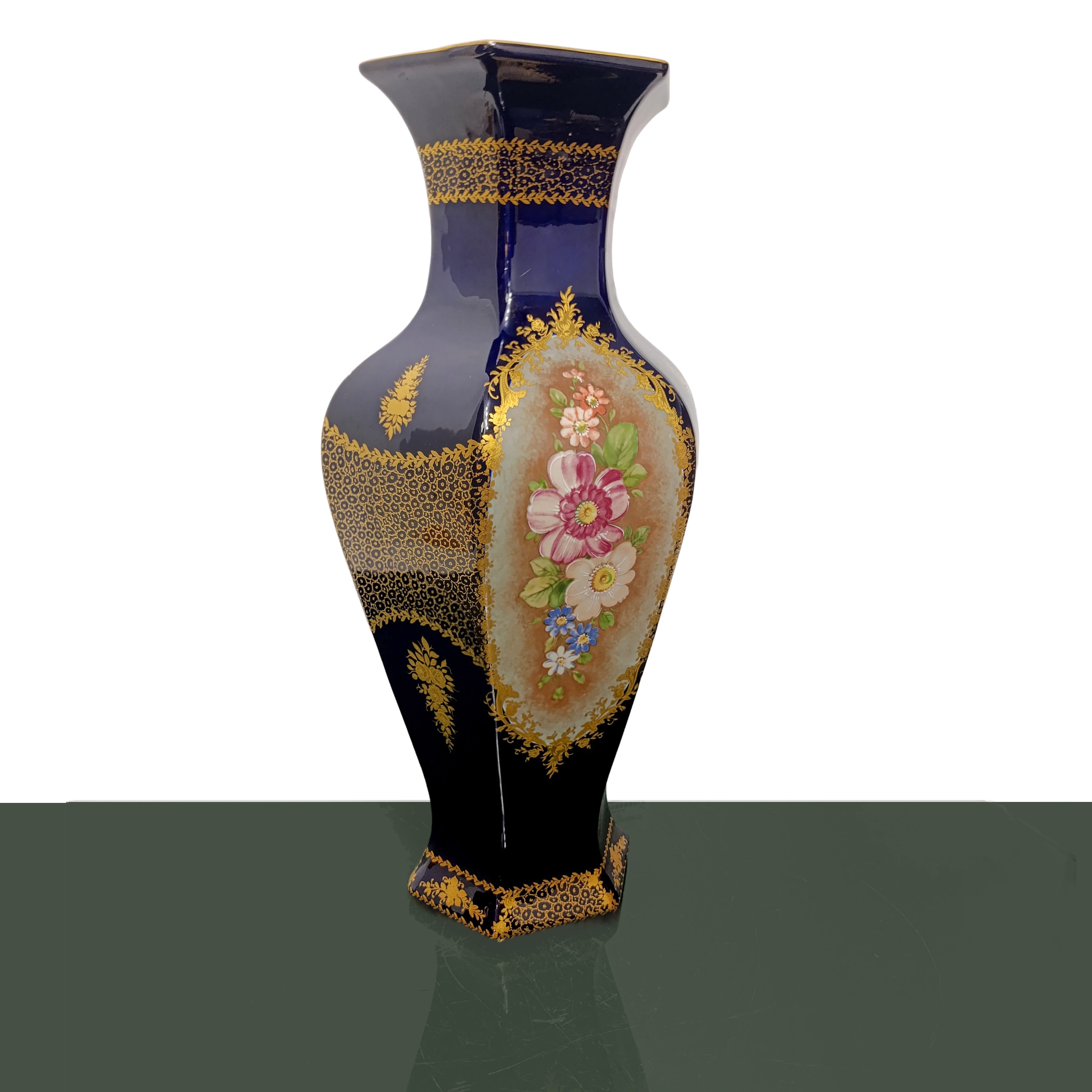 Coppia di Vasi Esagonali Blu Sevres con Decorazioni Floreali Dipinti a Mano