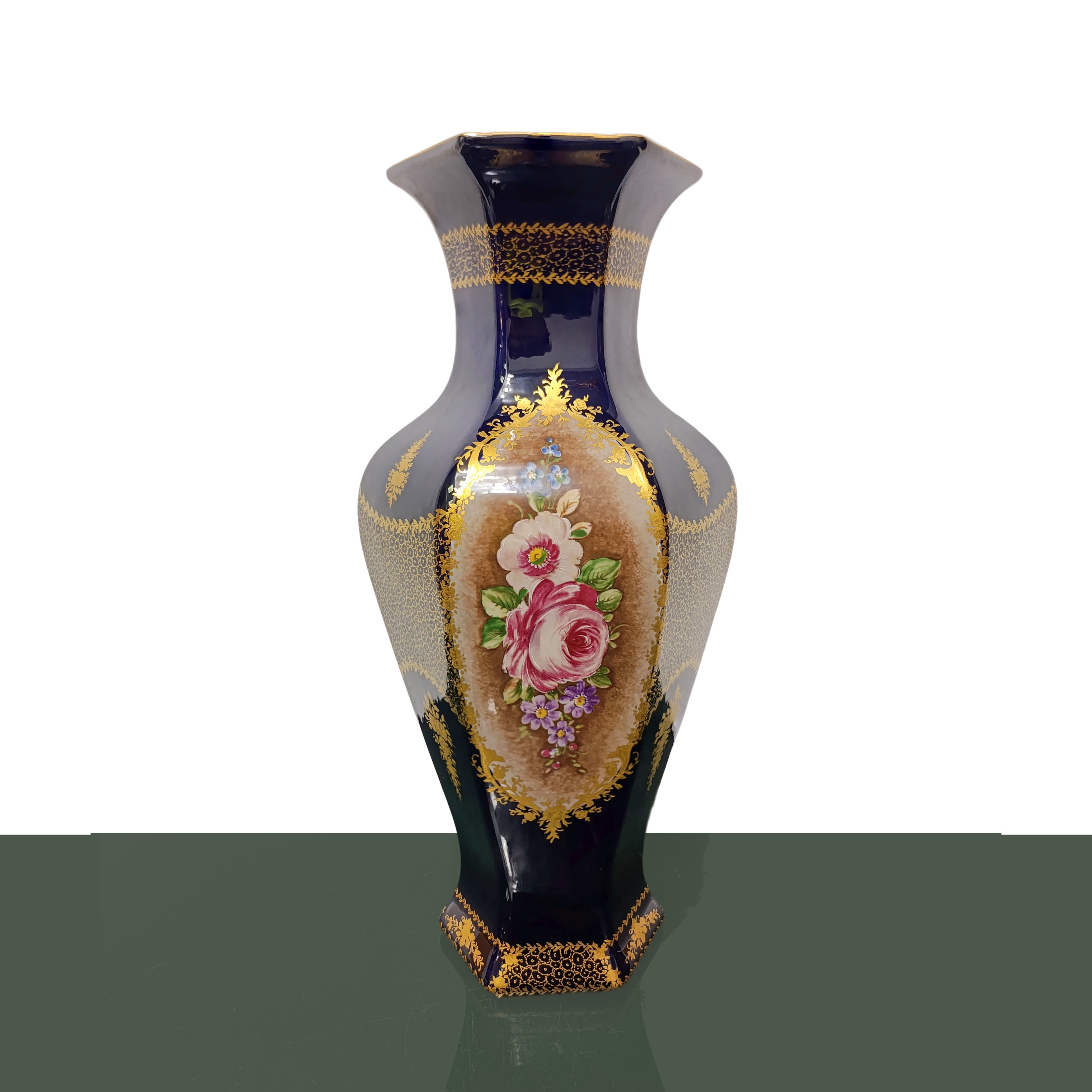 Coppia di Vasi Esagonali Blu Sevres con Decorazioni Floreali Dipinti a Mano