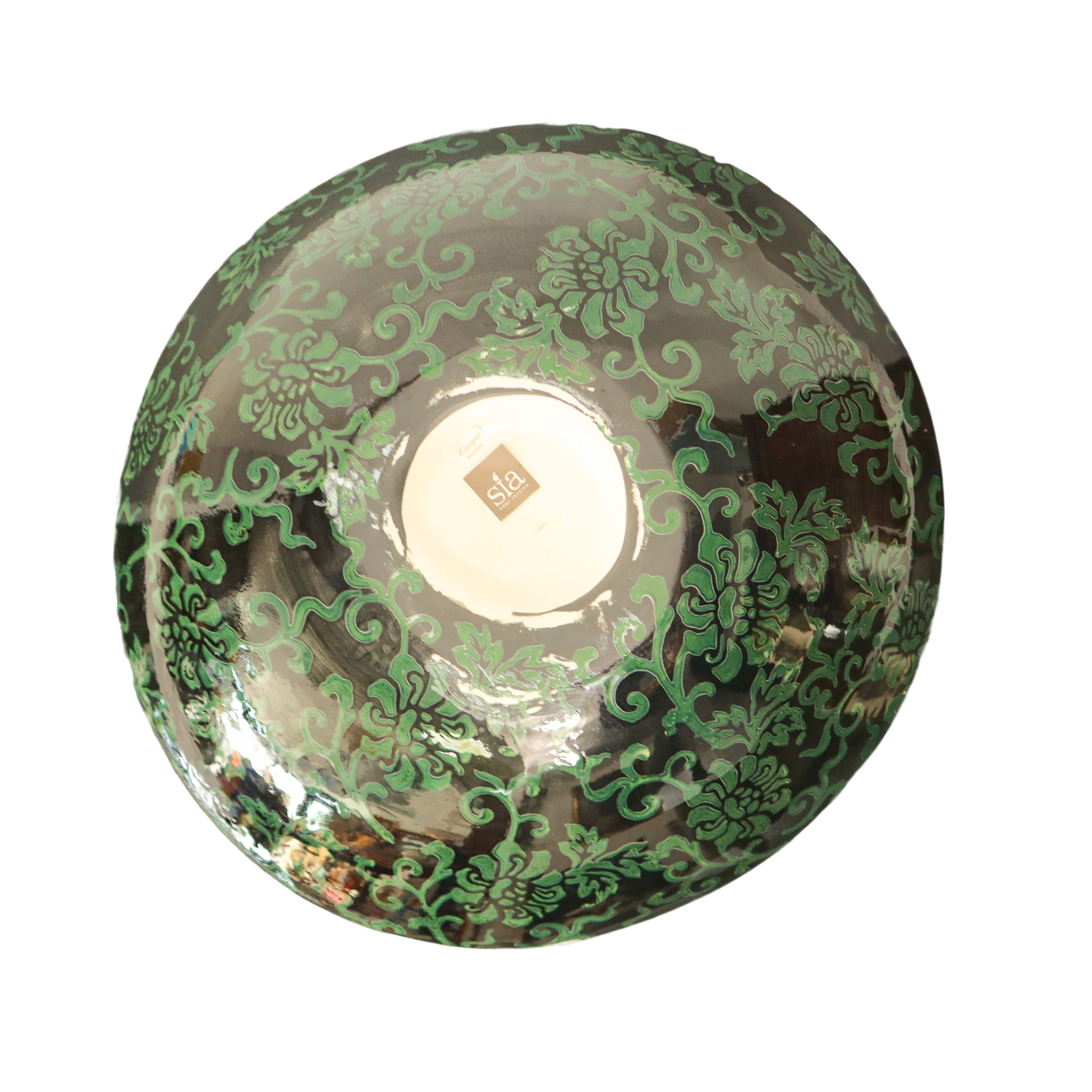 Sia Home Design - Piatto in Maiolica a Motivi Floreali Verdi su Base Nera