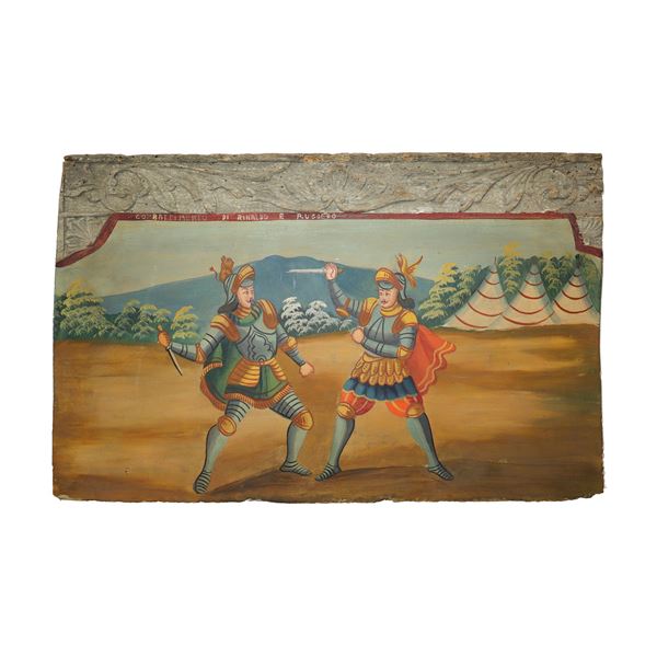 Fragment of a polychrome wooden cart side painted with a battle scene of paladins