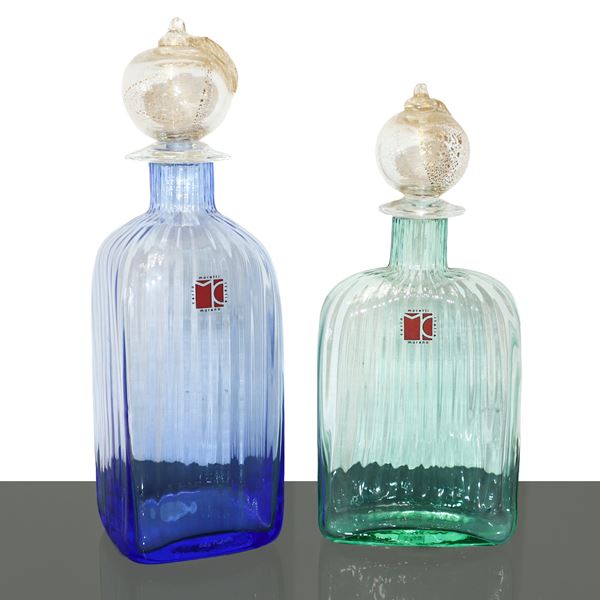 Pair of bottles with fruit-shaped stoppers in Murano glass