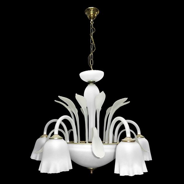 Lampadario in vetro di murano bianco satinato a 5 luci