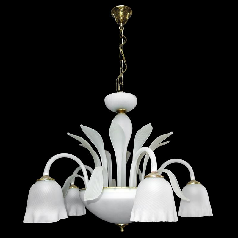 Lampadario in Vetro di Murano Bianco Satinato a 5 Luci