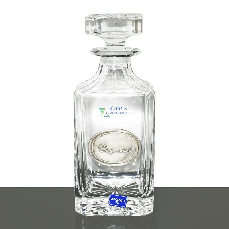 Bottiglia in cristallo da cognac con placca in argento 925