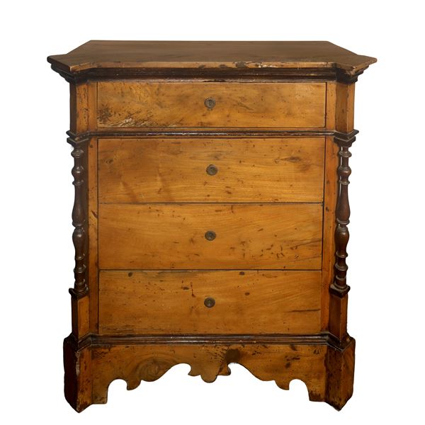 Small chest of drawers in walnut wood with 4 drawers and columns on the sides