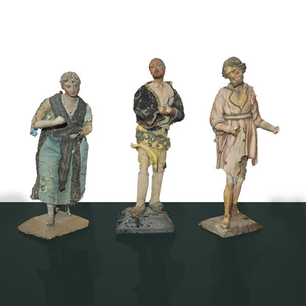 N°3 Statues of Genoese shepherds with bust, hands and feet in terracotta, pine eyes and clothes in fabric and horsehair 