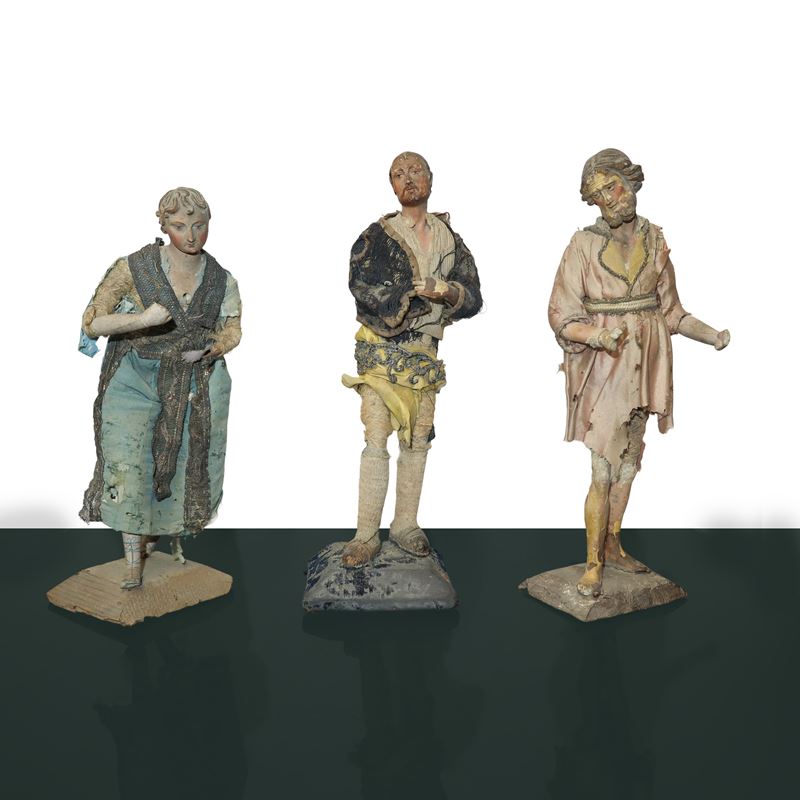 N°3 Statue di pastori genovesi con busto mani e piedi in terracotta, occhi dipini e abiti in tess...