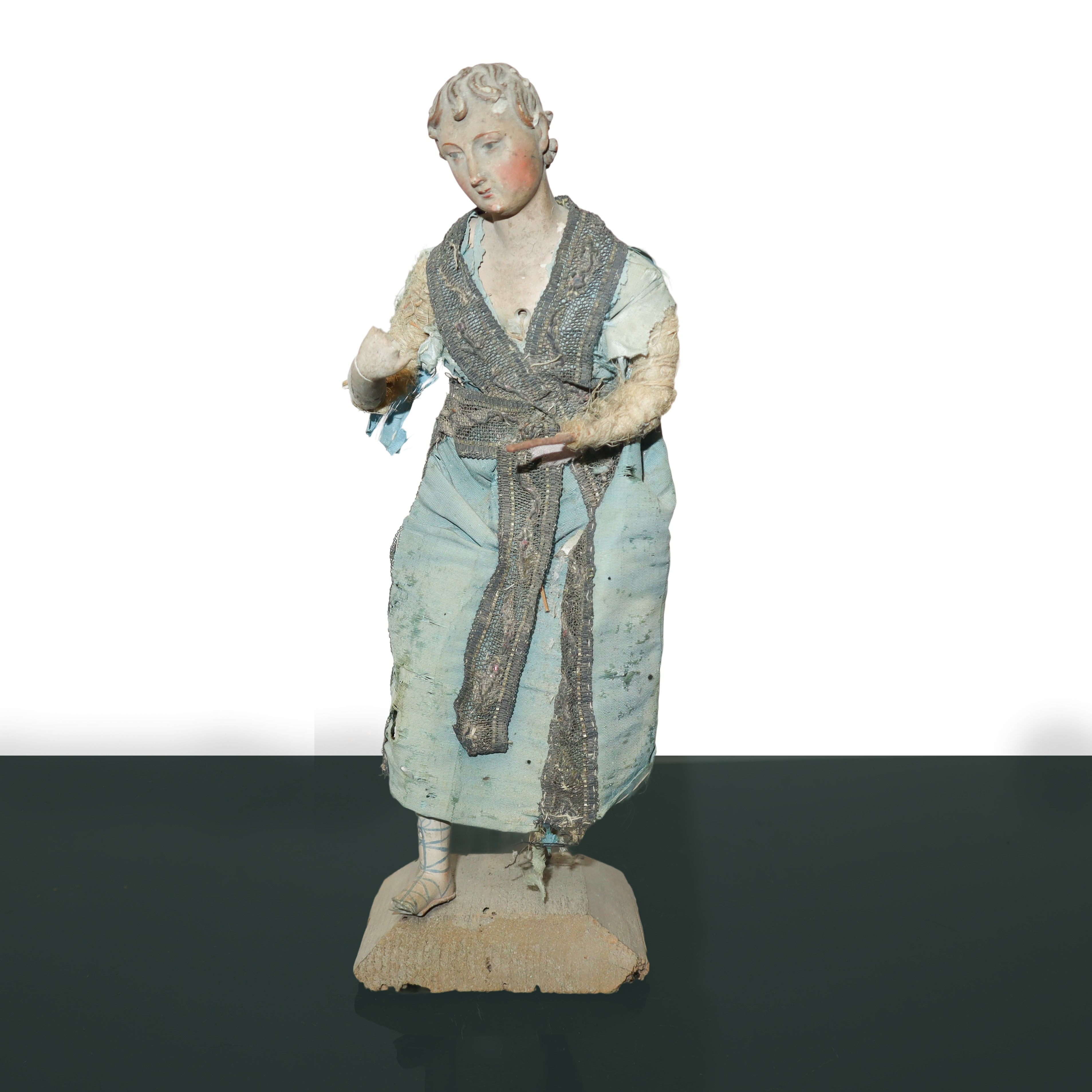 N°3 Statue di pastori genovesi con busto mani e piedi in terracotta, occhi dipini e abiti in tess...