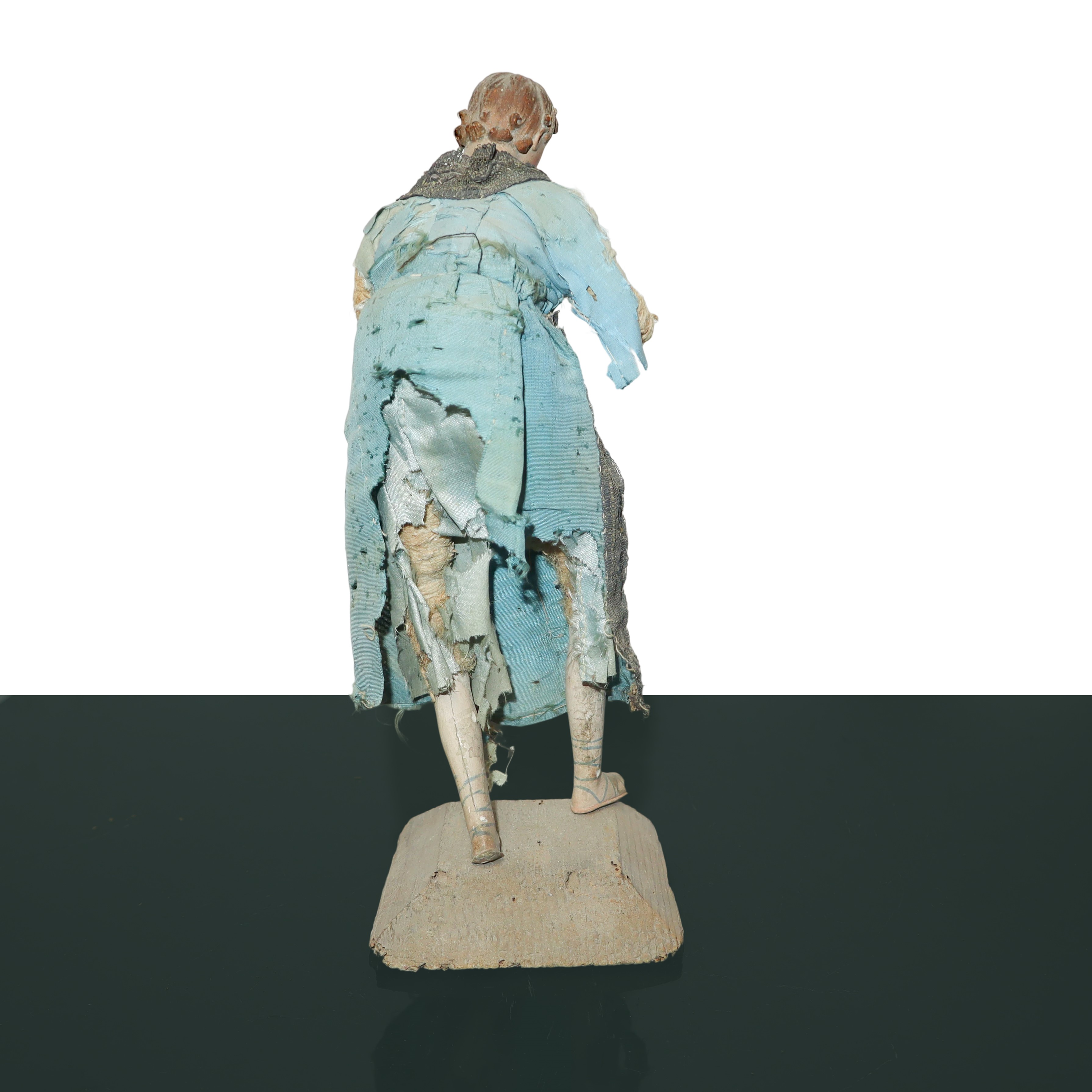 N°3 Statue di pastori genovesi con busto mani e piedi in terracotta, occhi dipini e abiti in tess...