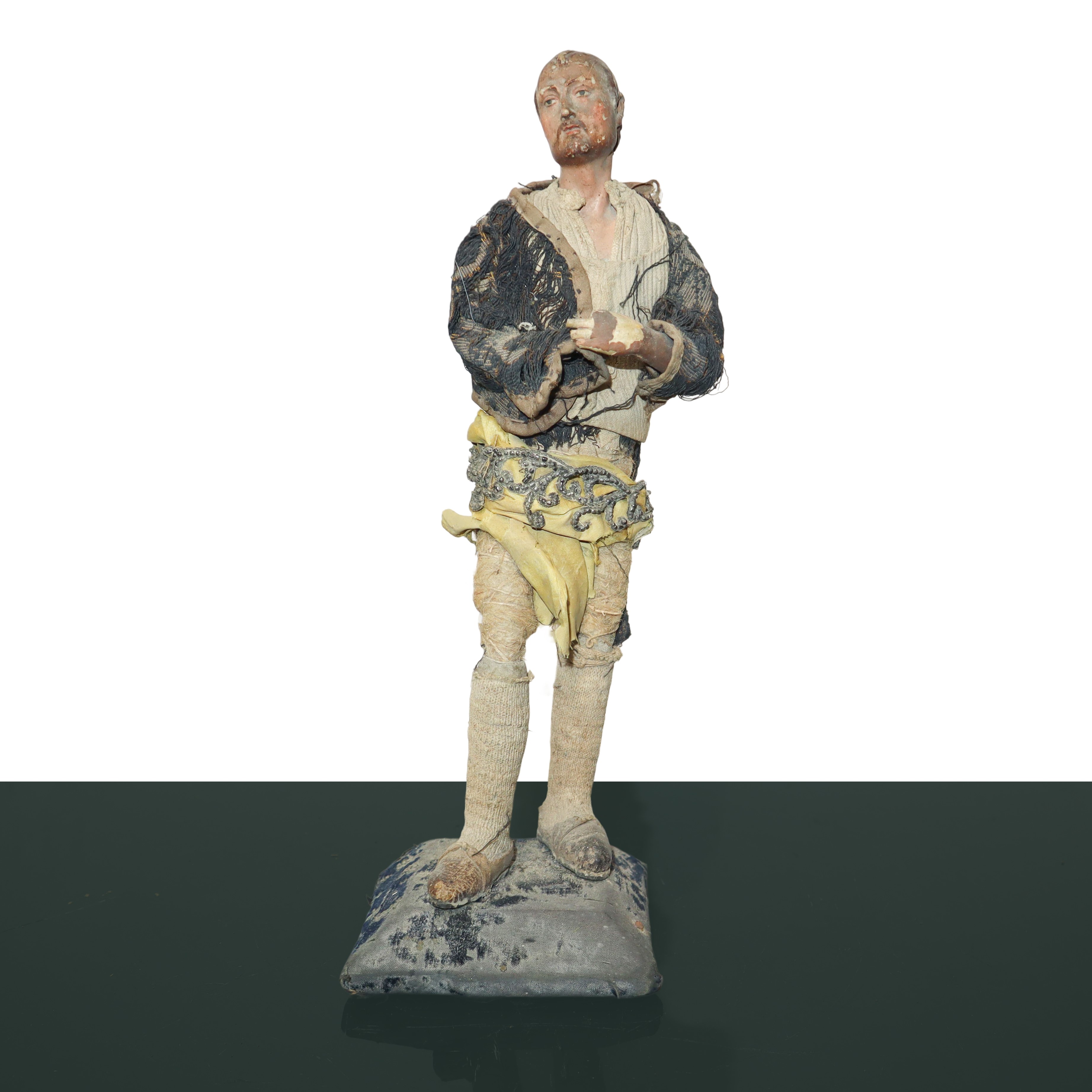 N°3 Statue di pastori genovesi con busto mani e piedi in terracotta, occhi dipini e abiti in tess...